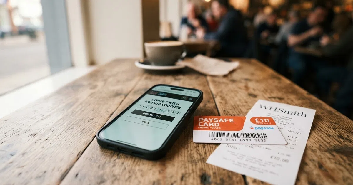 A smartphone displaying a UK online casino lobby with a Paysafecard 16-digit PIN entry field on screen, beside a physical Paysafecard voucher and a £10 retail receipt