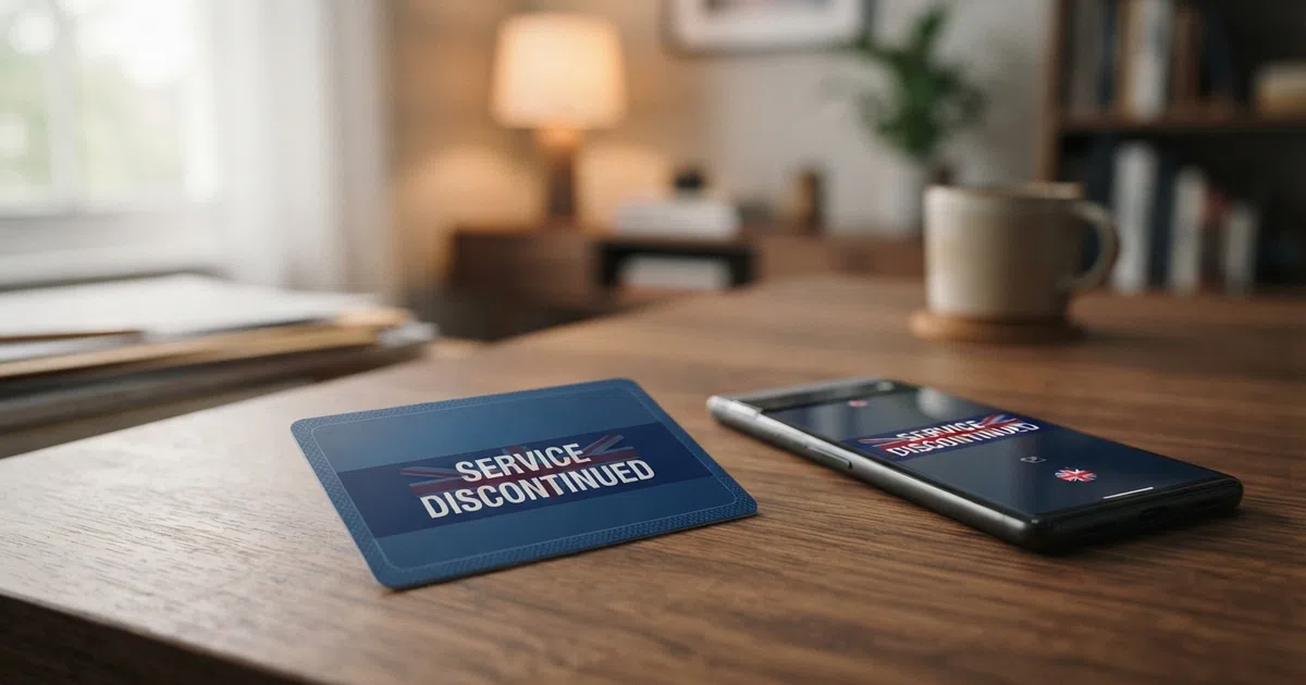 A UPayCard payment card with its chip and branding, shown deactivated under a “service discontinued” overlay on a phone screen