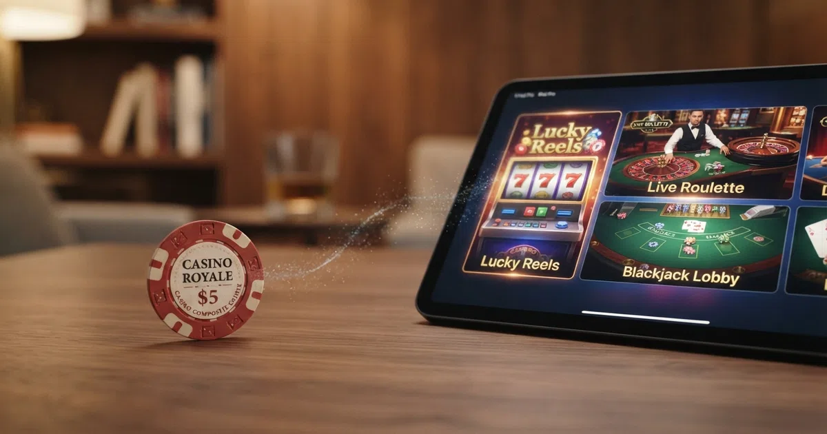 A USDC coin on the left and a casino game lobby on the right, connected by a glowing digital transaction arrow