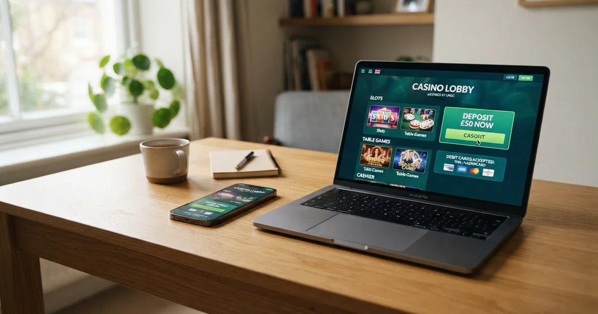 A UK-licensed online casino cashier screen showing the Visa debit card deposit option, with a smartphone and a laptop both displaying the same casino lobby side by side