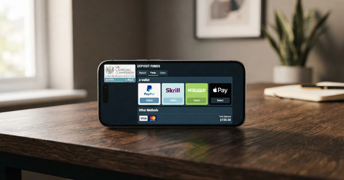 A smartphone displaying a UK Gambling Commission licence badge alongside e-wallet payment icons for PayPal, Skrill and Apple Pay on a casino deposit screen