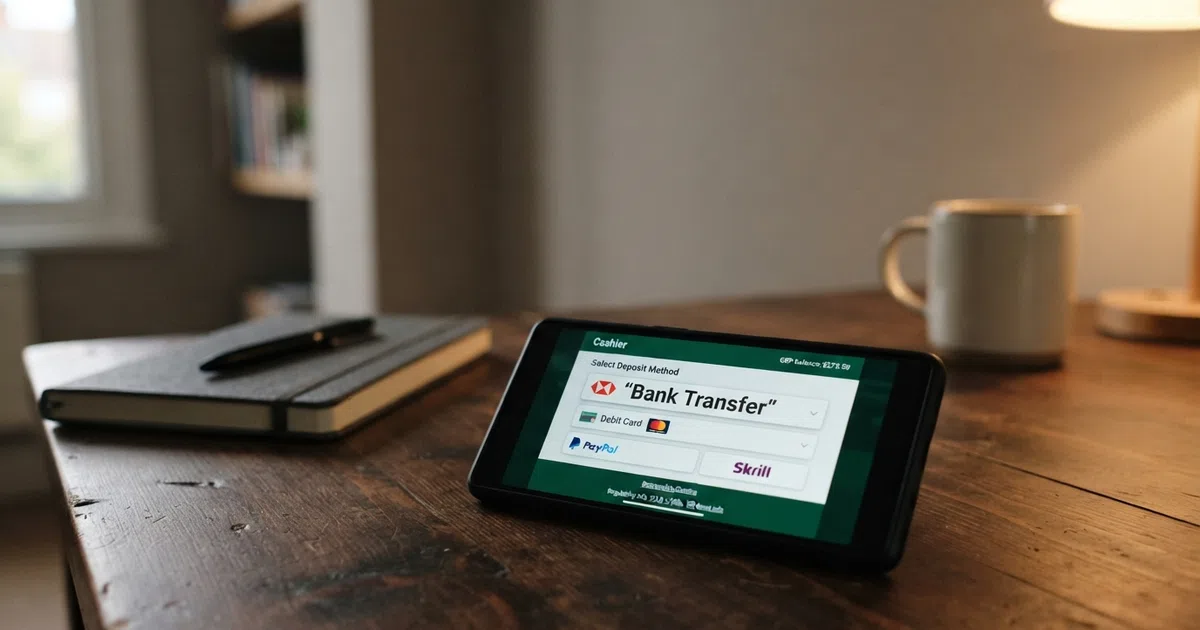 A UK online casino cashier screen displaying bank transfer as a selectable deposit method alongside debit card, PayPal and Apple Pay options