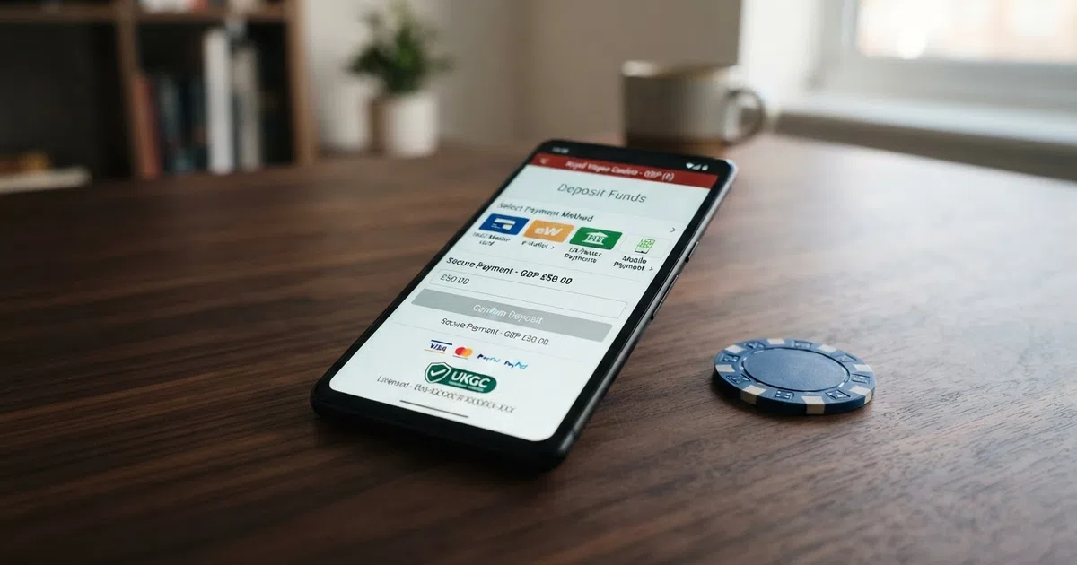 A UK casino payment screen showing debit card, PayPal, Trustly and Apple Pay as deposit options on a mobile phone, with a UK Gambling Commission licence badge visible in the footer