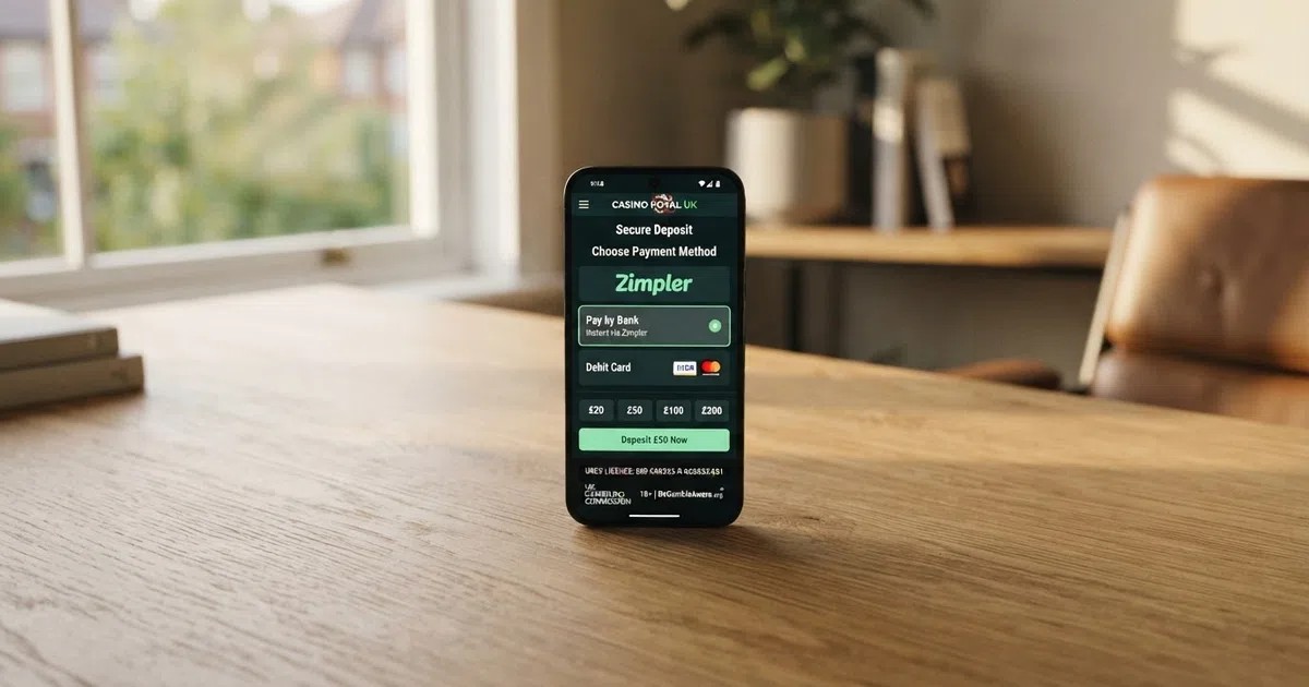 A smartphone displaying a UK casino cashier screen with Pay by Bank and debit card options, a UKGC licence badge visible at the footer