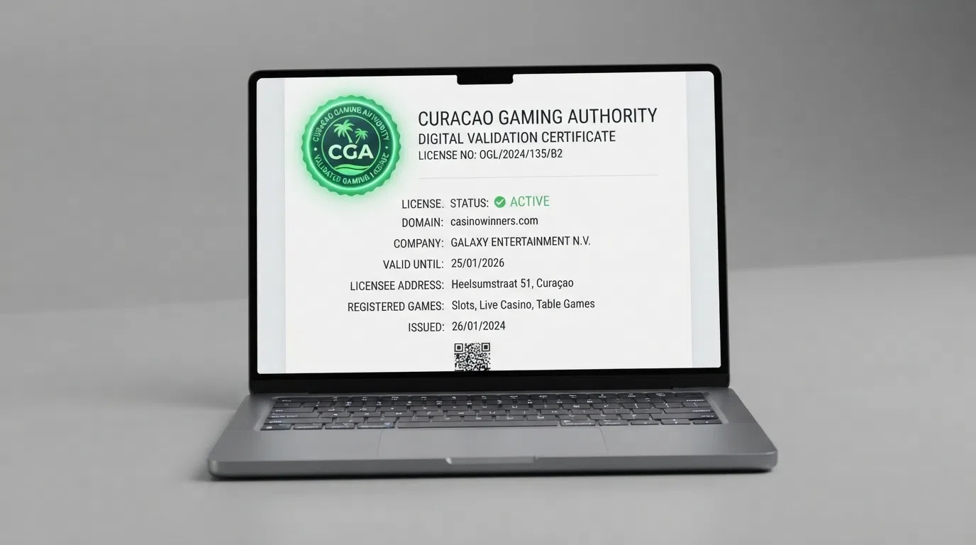 A green CGA digital seal on a casino footer beside an open certificate page showing an Active status and a matching domain