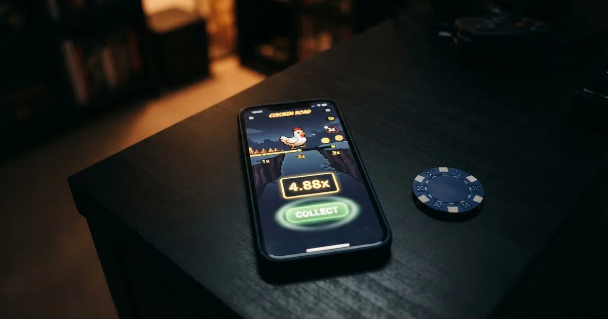 A screenshot of the Chicken Road game interface showing the chicken character on a stepping path with a rising multiplier display and a prominent cash-out button