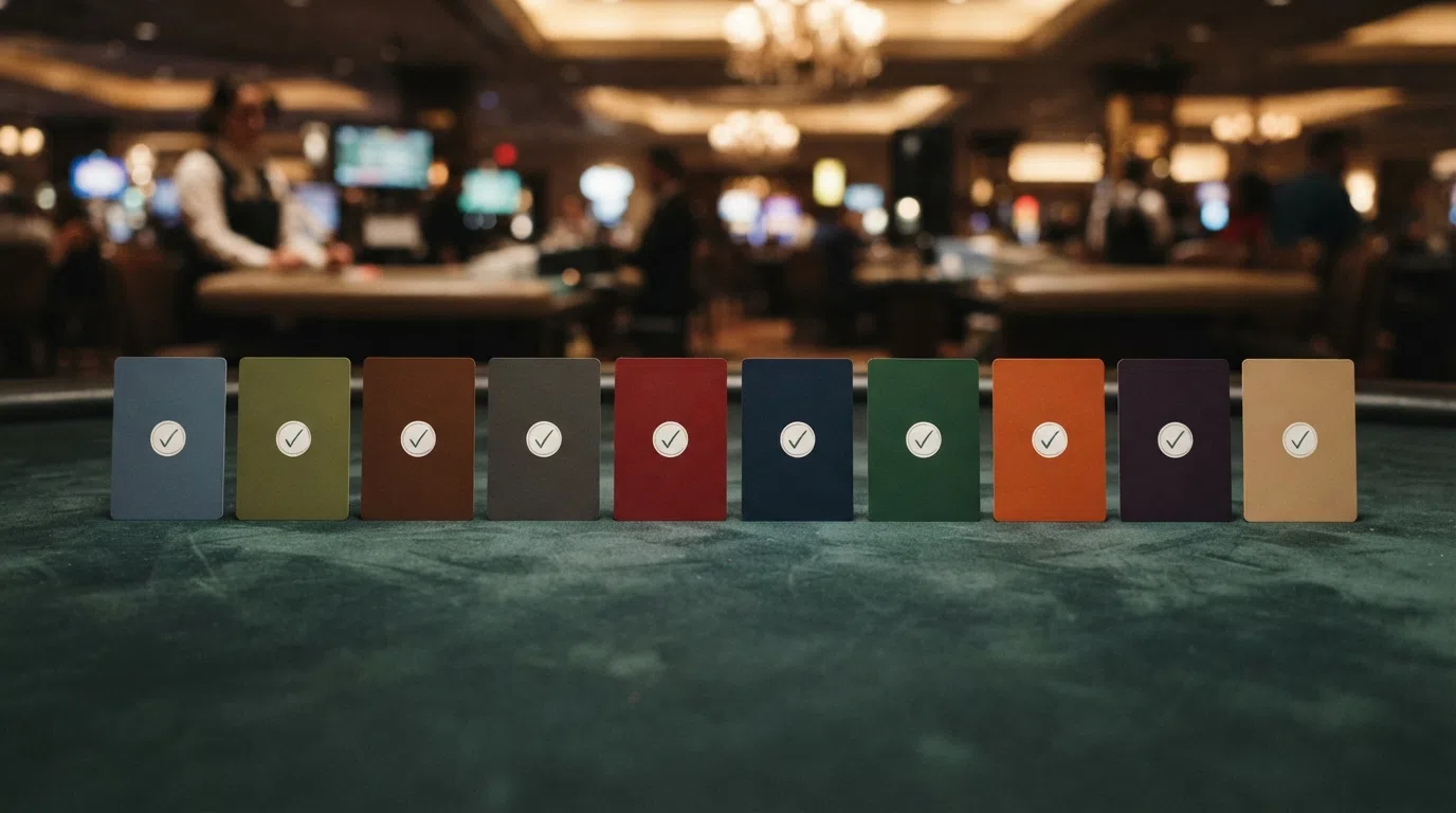 A ranking list of ten casino cards, each with a green licence tick