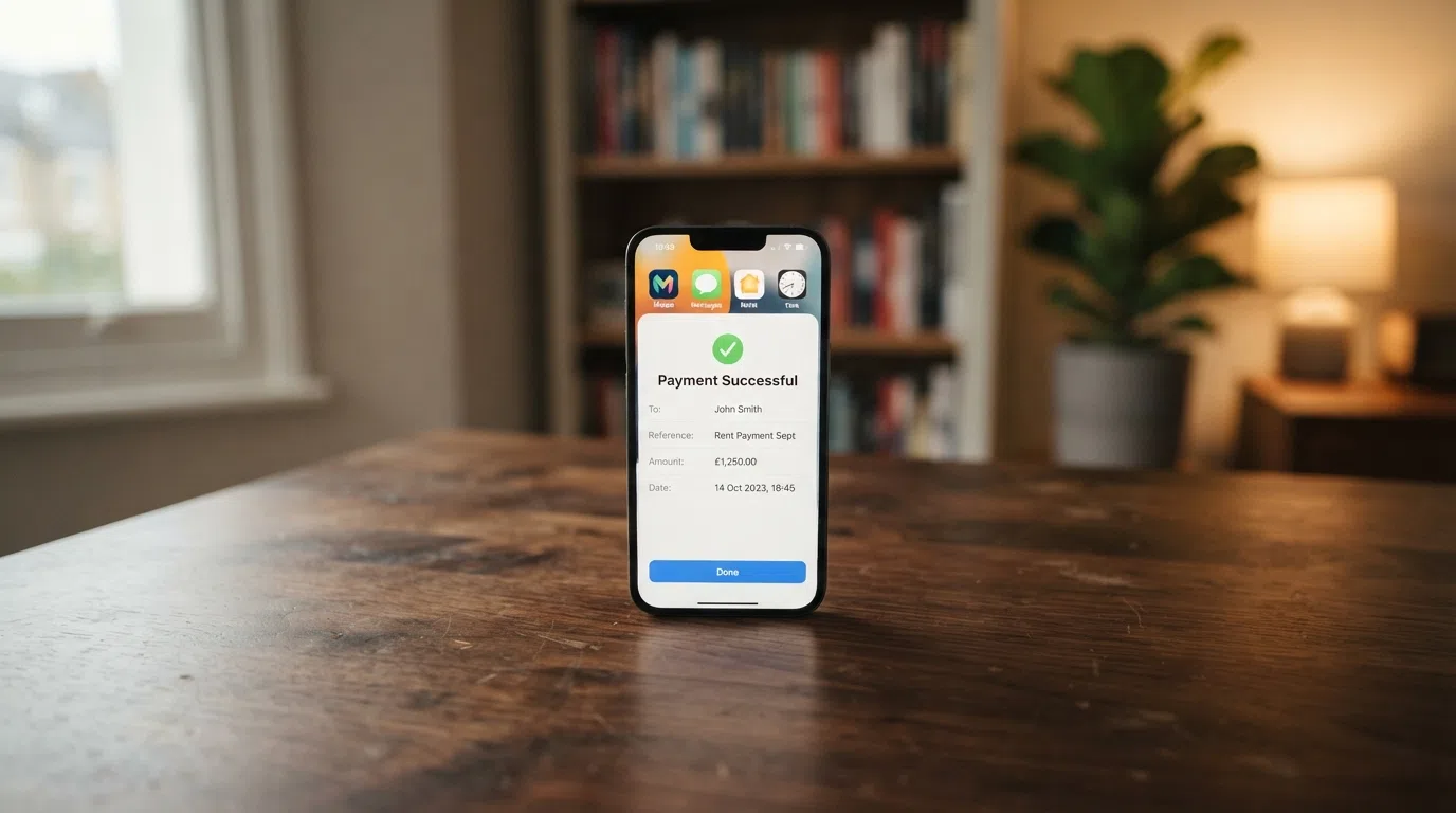 A phone showing an instant bank-transfer confirmation