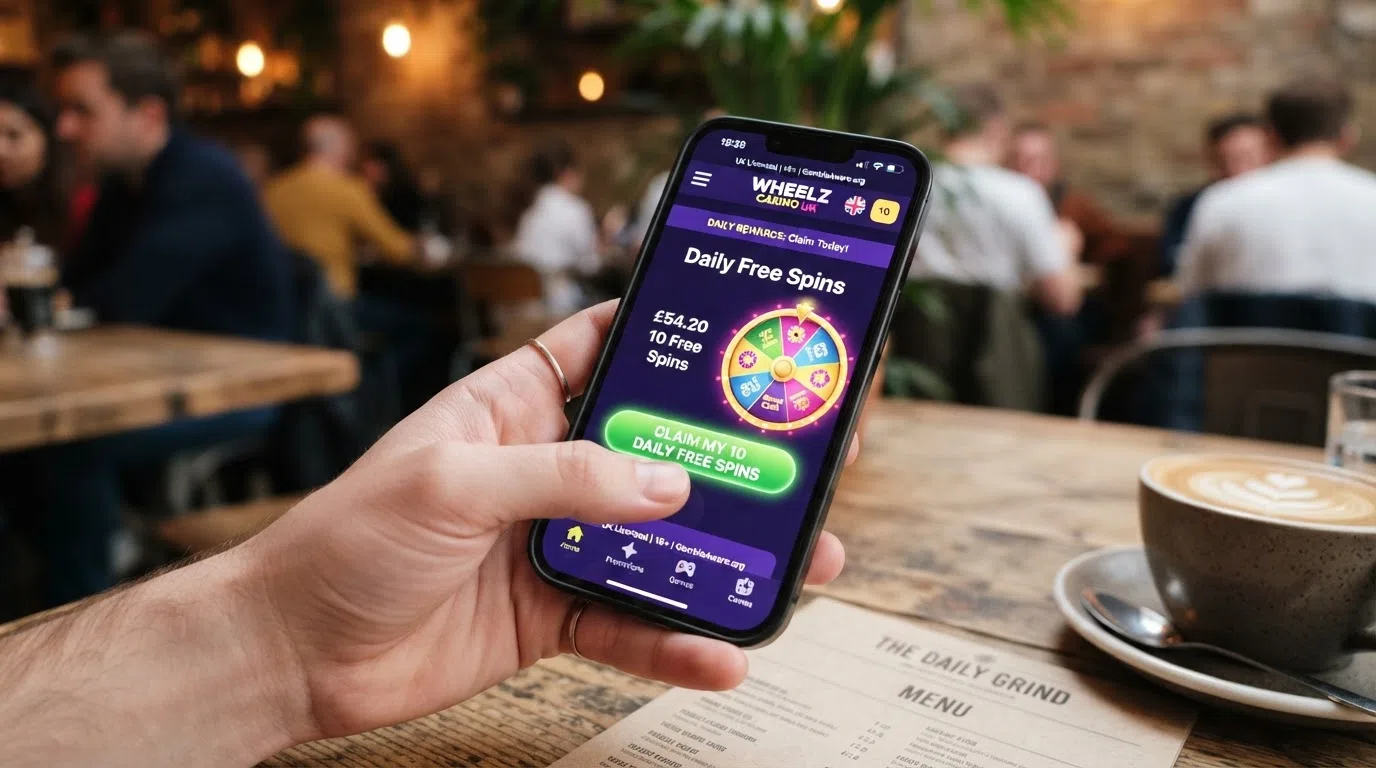 A hand holding a smartphone with a casino app home screen open, displaying a tap-to-claim daily free spins button and a prize-wheel graphic
