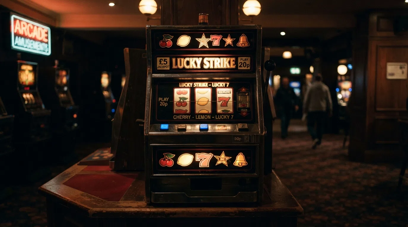 A retro-style three-reel fruit machine with illuminated cherry, lemon and lucky-7 symbols against a dark casino background
