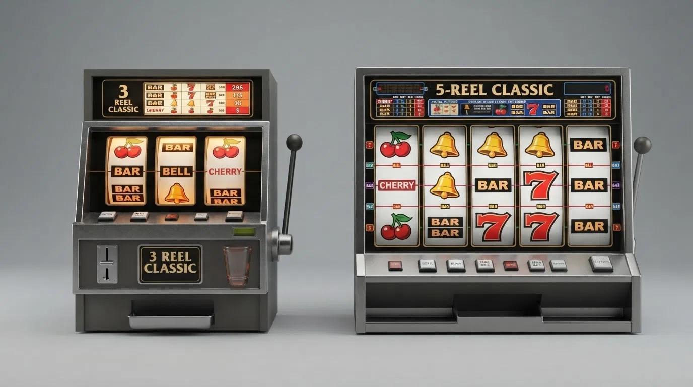 A split-frame visual: on the left a 3-reel slot with BARs and bells, on the right a 5-reel slot with the same symbol set stretched across a wider grid