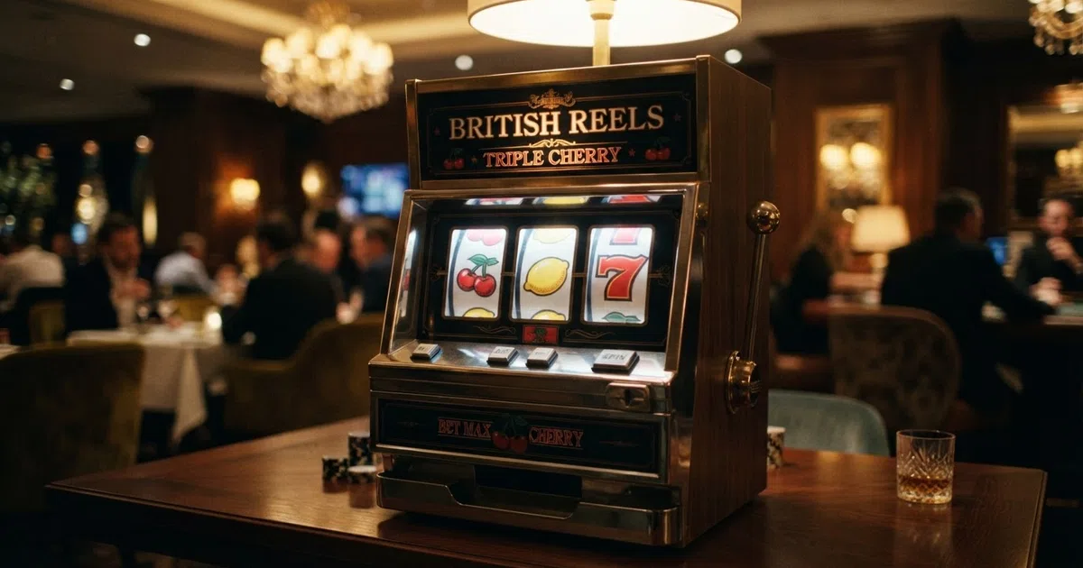 A 3-reel classic slot grid with fruit symbols — cherries, lemons and a red seven — lit against a dark casino backdrop, the reels frozen mid-spin