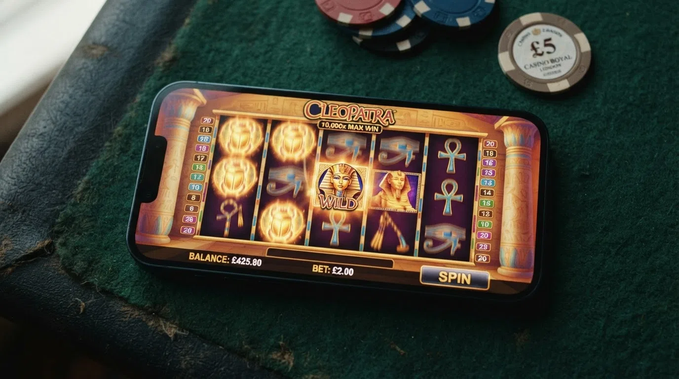 The Cleopatra slot game screen showing the 5×3 reel grid with Egyptian-themed symbols, the golden Cleopatra wild, and the 10,000× max win banner visible above the reels