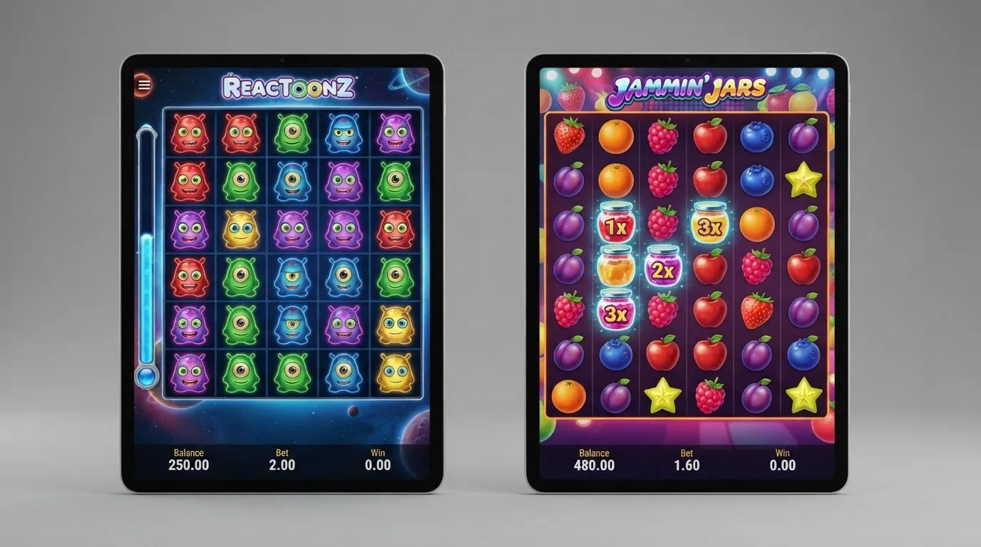 Side-by-side screenshots of Reactoonz and Jammin' Jars showing their different grid sizes and visual styles