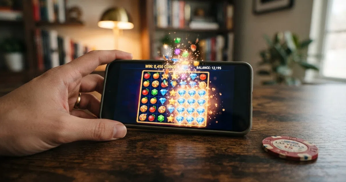 A colourful cluster-pays slot grid on screen with a winning cluster highlighted and symbols cascading down to fill the gaps