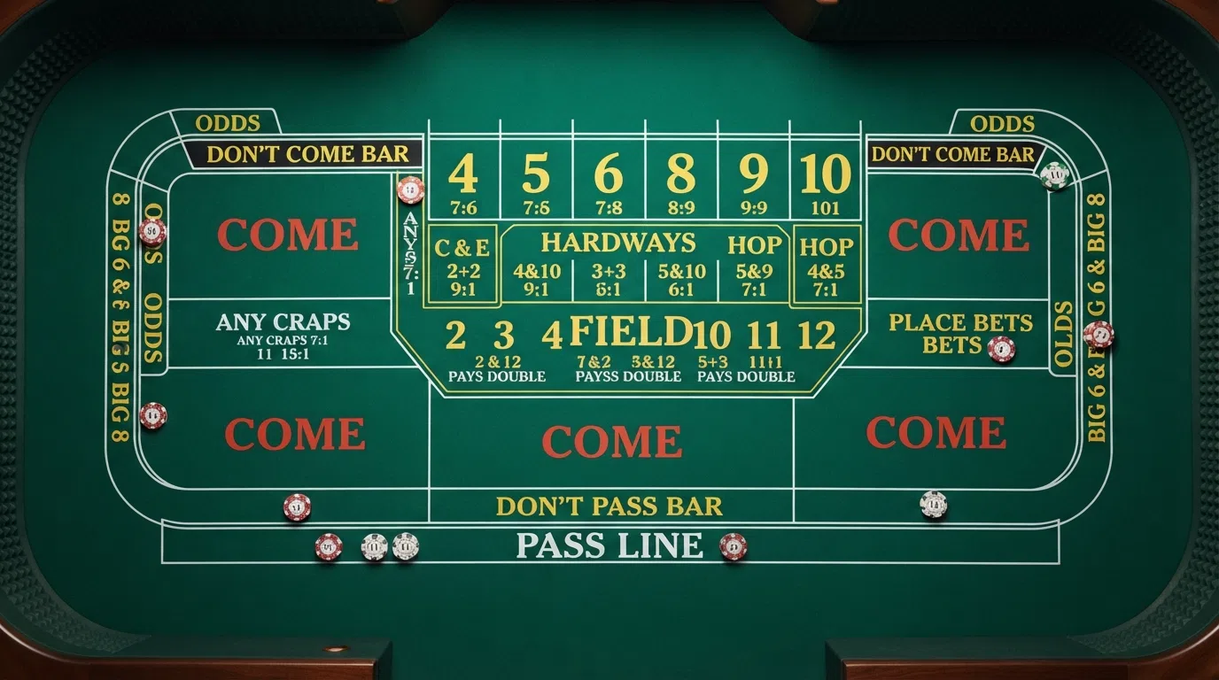 A craps table layout with the pass line, don't pass, come and field zones labelled