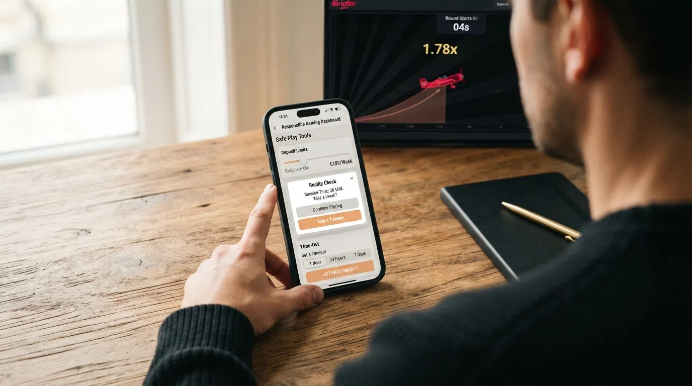 A mockup of a responsible-gambling dashboard on a mobile screen showing a deposit-limit slider, a reality-check pop-up at 30 minutes, and a time-out button, with the Aviator game visible in the background