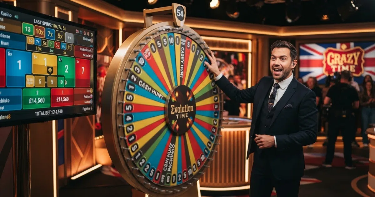 A live casino studio with a colourful segmented money wheel, a presenter at the podium, and a digital betting board on screen