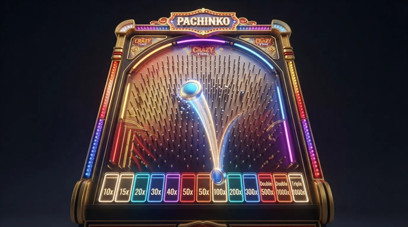 A close-up of the Crazy Time Pachinko bonus-round pegboard with a puck bouncing down through staggered pins toward multiplier slots at the bottom