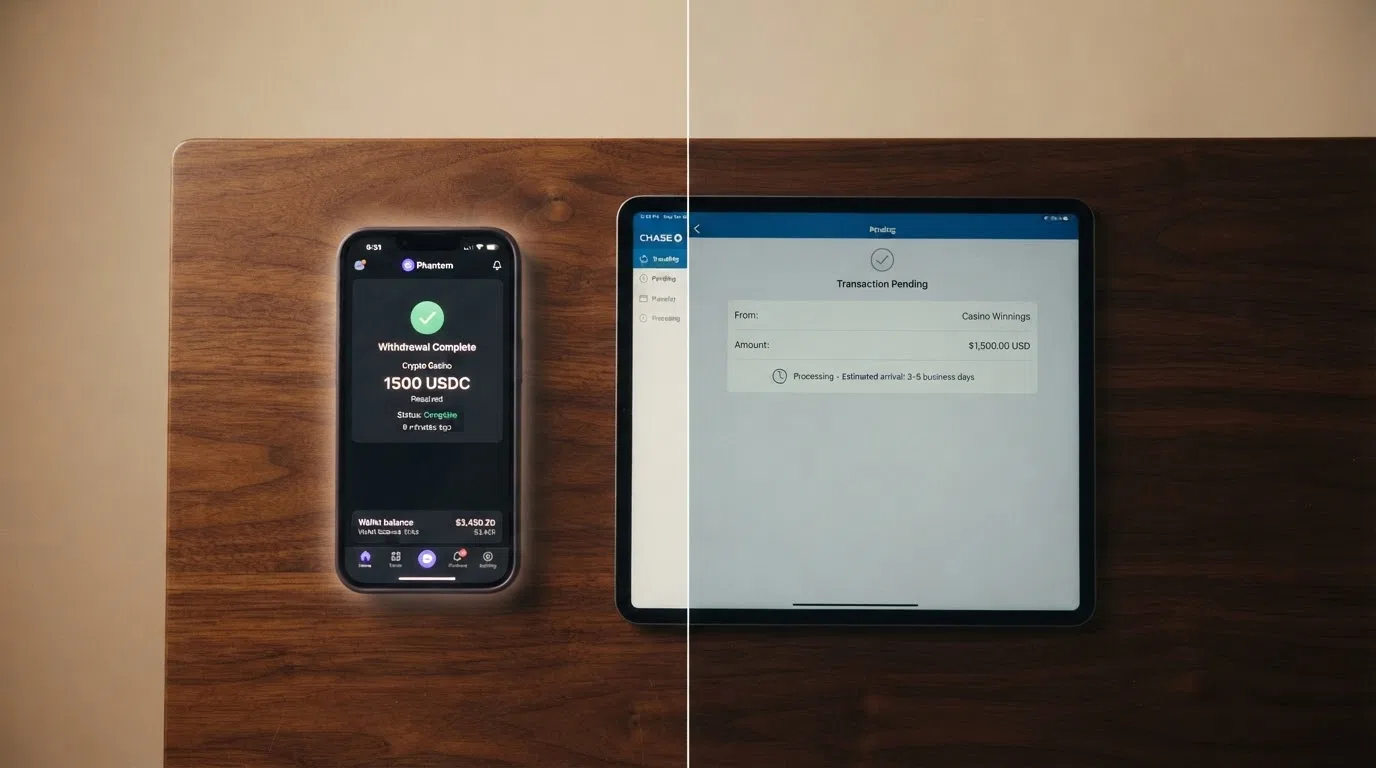 A smartphone screen showing a cryptocurrency wallet with a “withdrawal complete” confirmation and a timestamp of 8 minutes, beside a traditional bank app showing a pending transfer