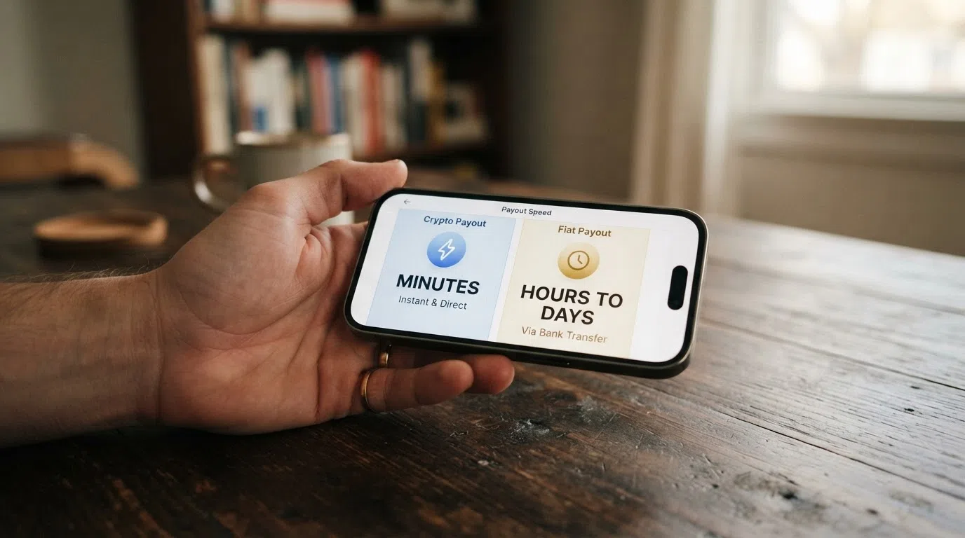 A side-by-side speed comparison chart: crypto casino payout times (instant to 120 minutes) against UKGC e-wallet (within 6 hours) and debit card (1–3 working days), with a callout noting that offshore payouts can be delayed indefinitely if verification is triggered at withdrawal.