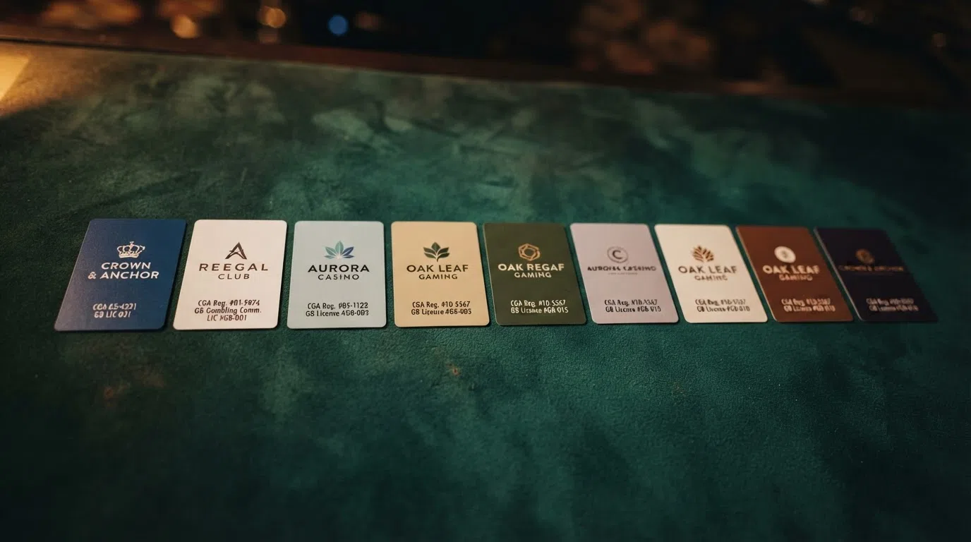 Ten casino brand cards arranged in a row, each showing its CGA register status and GB licence status