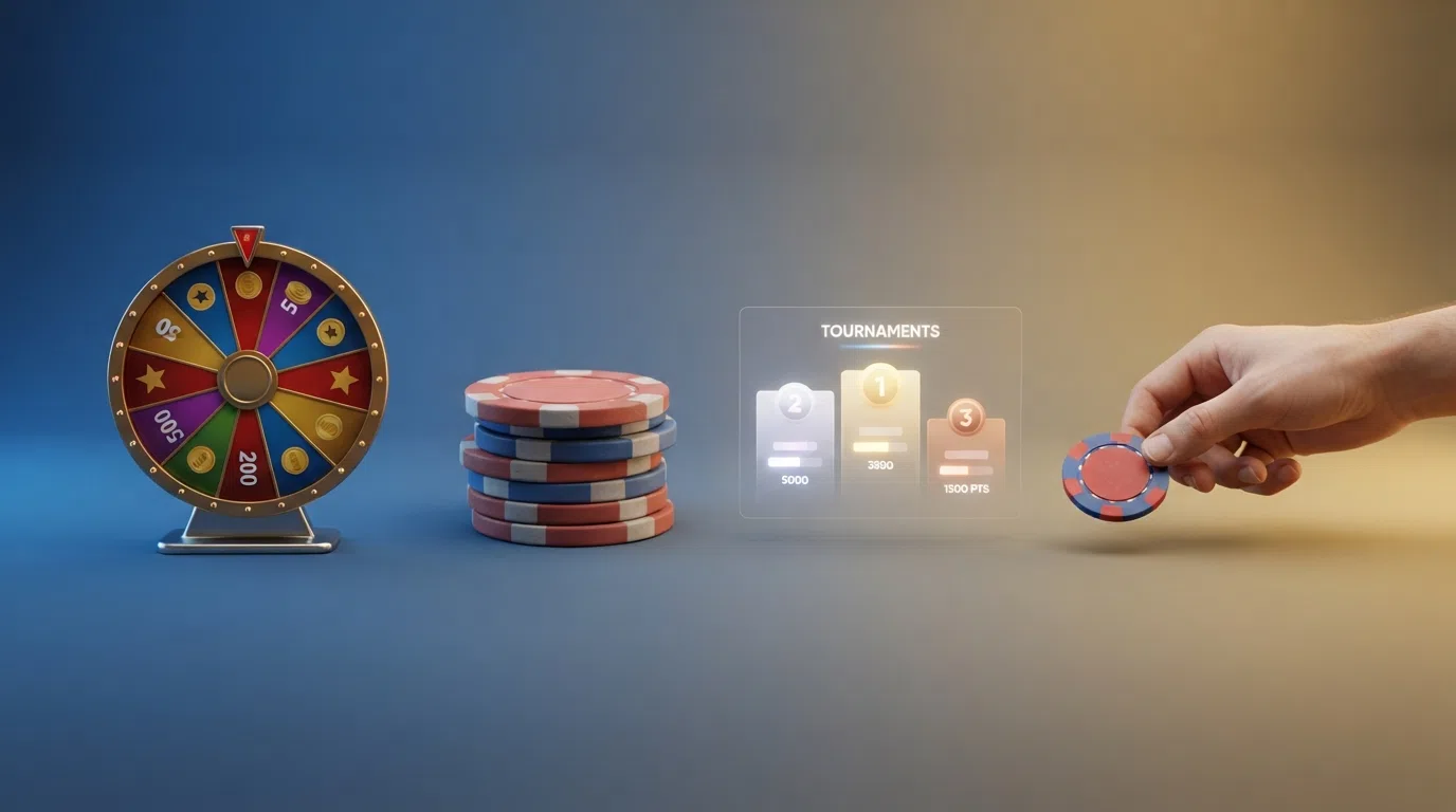 Four illustrated panels showing the five daily-promo formats: a spinning prize wheel, a stack of free-spin chips, a tournament leaderboard, and a cashback coin returning to a hand