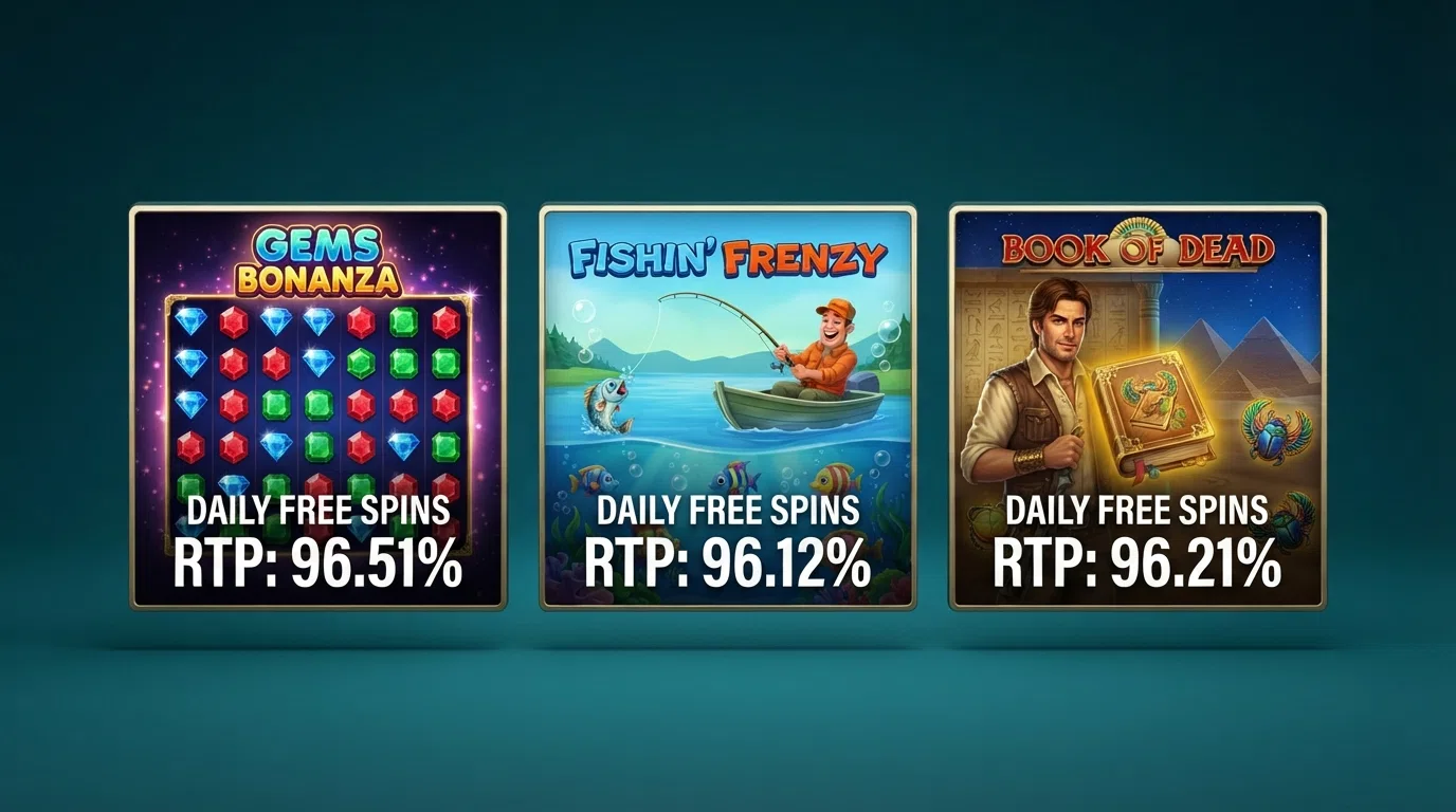 A grid of three slot-game tile icons labelled Starburst, Big Bass Bonanza and Book of Dead with their RTP percentages overlaid