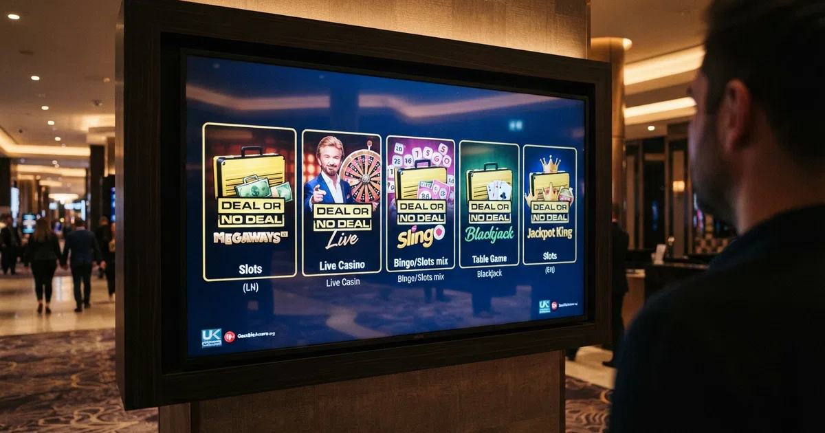 A row of Deal or No Deal branded game tiles on a UK casino lobby screen, spanning slots, live and bingo