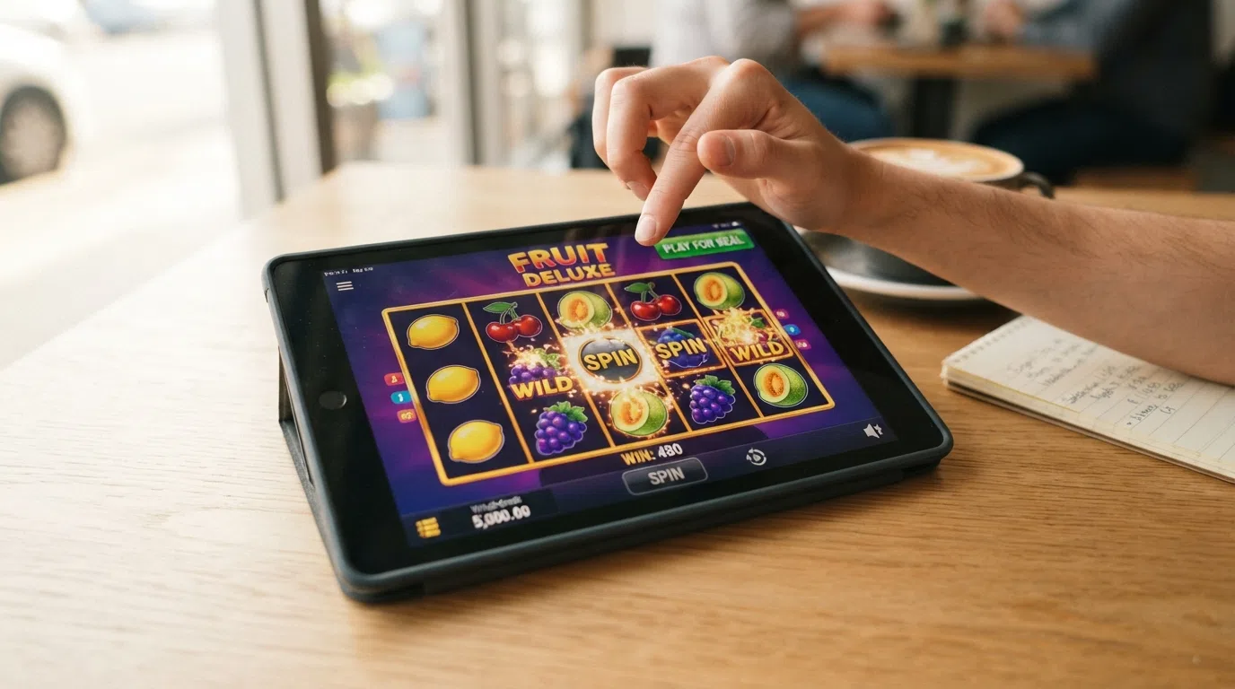 A browser window showing a 5-reel slot in demo mode with a virtual-credit balance, the spin button, and a “Play for Real” prompt visible alongside