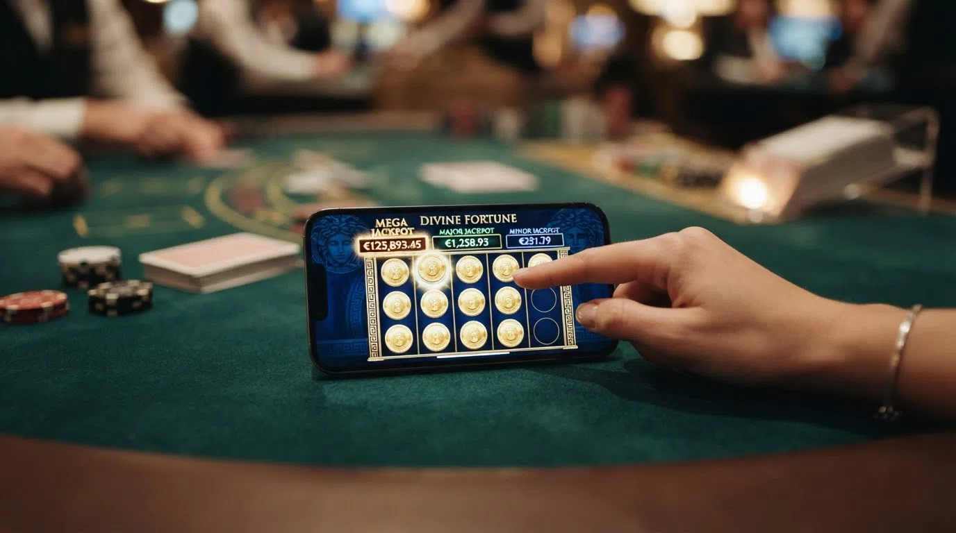 The Divine Fortune Jackpot Bonus screen showing three rows of gold coin symbols with coins filling one row, the Mega Jackpot prize pool visible at the top of the display
