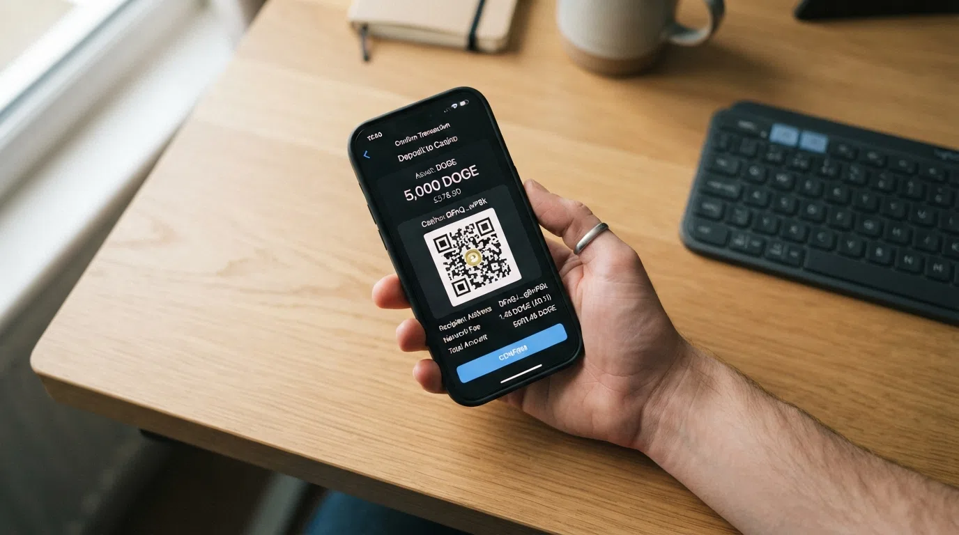 A smartphone screen displaying a crypto wallet sending DOGE to a casino deposit address, with a QR code and a confirmation screen visible