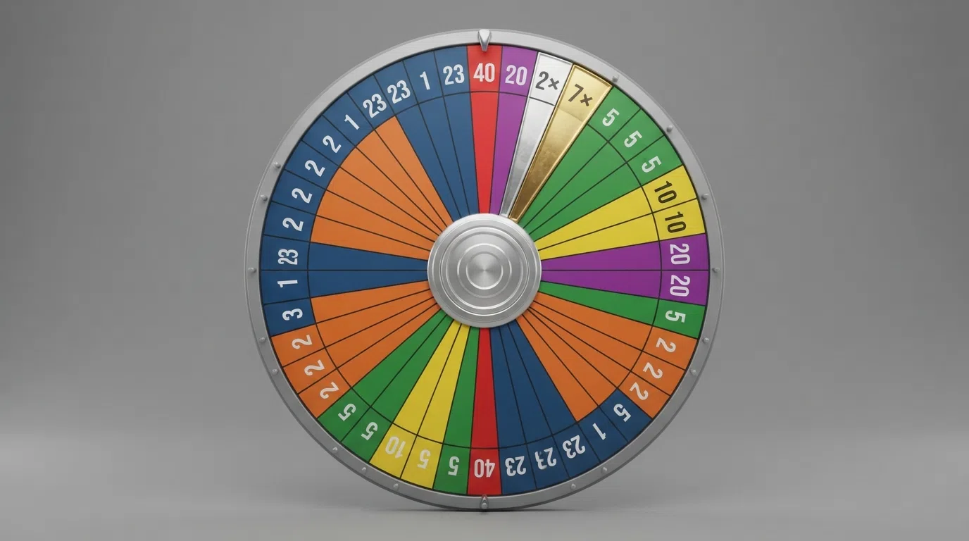 A close-up diagram of the Dream Catcher wheel face showing the distribution of the 54 segments — 23 marked 1, 15 marked 2, 7 marked 5, 4 marked 10, 2 marked 20, 1 marked 40, plus the silver 2× and gold 7× multiplier slices