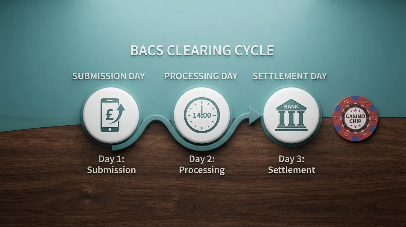 A simplified timeline graphic showing the three BACS clearing stages — submission day, processing day, settlement day — with a calendar and clock marking the 3-working-day window