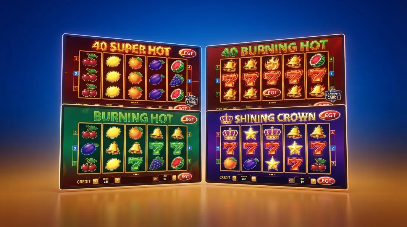 A collage of four EGT slot loading screens — 40 Super Hot, Burning Hot, Shining Crown and 40 Burning Hot — showing the shared fruit-reel aesthetic and fixed-payline layout
