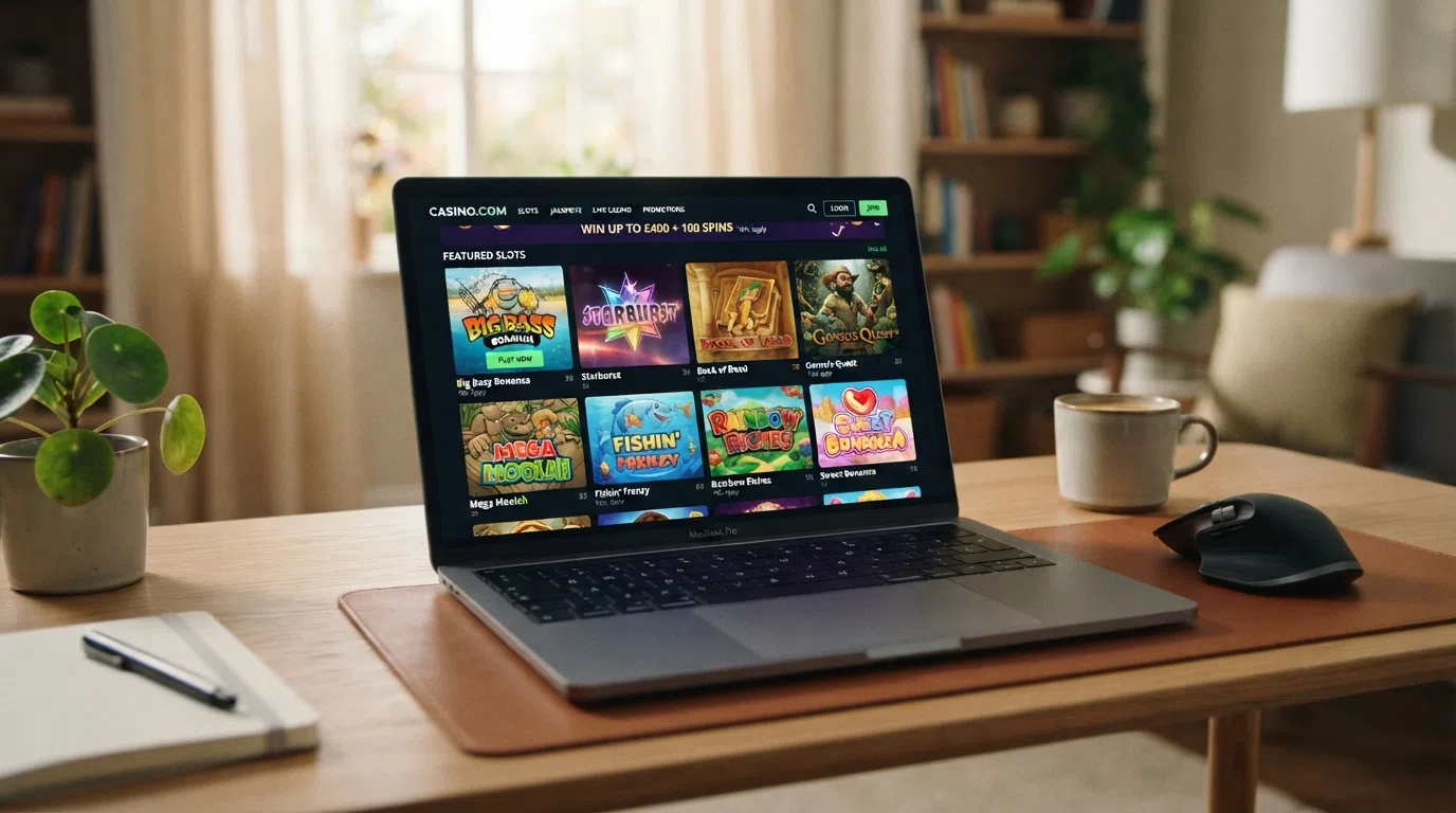 Online casino game lobby displaying Big Bass Bonanza, Book of Dead, and Starburst slot thumbnails with provider logos visible