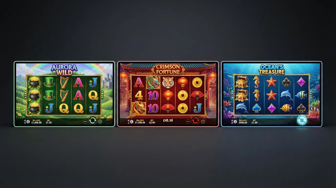 A grid of three popular UK slot game title screens — Book of Dead, Big Bass Bonanza and Big Bass Splash