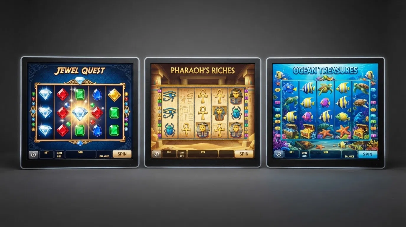 Three side-by-side slot game title screens — Starburst, Book of Dead and Big Bass Bonanza