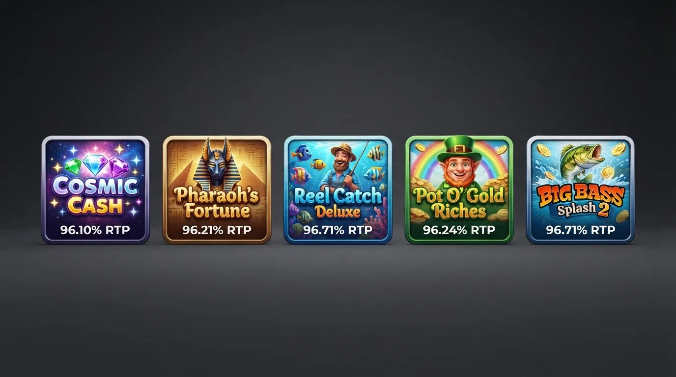 A grid of five slot-game title cards — Starburst, Book of Dead, Big Bass Bonanza, 9 Pots of Gold and Big Bass Splash — with their RTP percentages displayed beneath each title