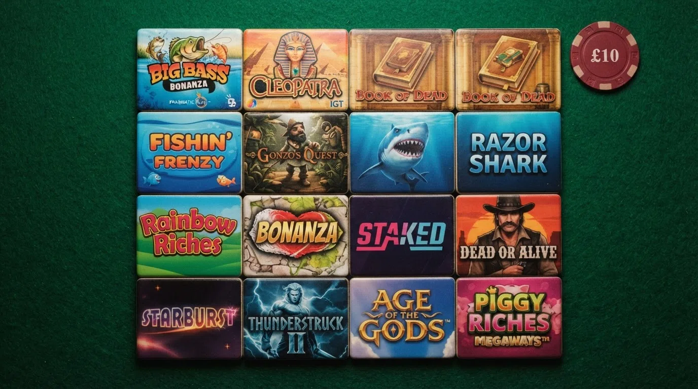 A colourful grid of popular UK slot-title tiles including Big Bass Bonanza, Eye of Horus, Fishin' Frenzy and a Jackpot King progressive-jackpot logo