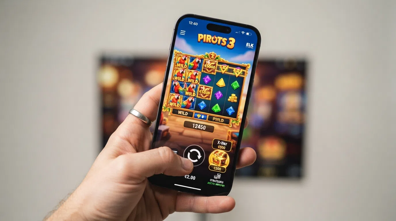 An ELK Studios slot game displayed in portrait orientation on a modern smartphone held in one hand, with the X-iter bonus-buy button and Betting Strategies toggle visible at the bottom of the screen, the game lobby faintly visible in the background