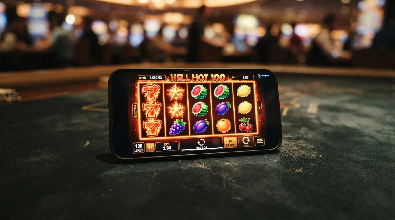 The Hell Hot 100 slot reels showing the 5×4 grid, fruit symbols and the 100-payline counter