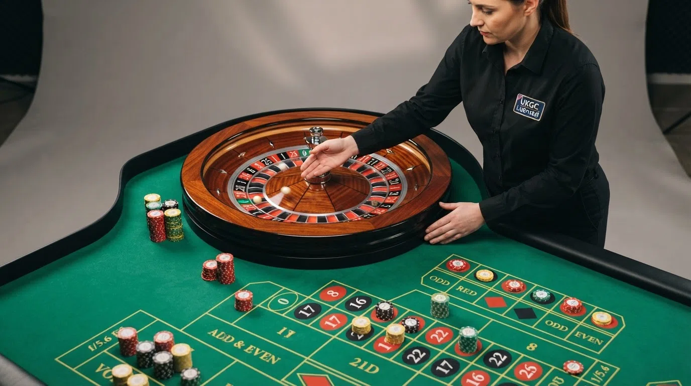 A close-up of a live roulette wheel mid-spin, the dealer's hand releasing the ball, the on-screen betting interface showing the timer counting down