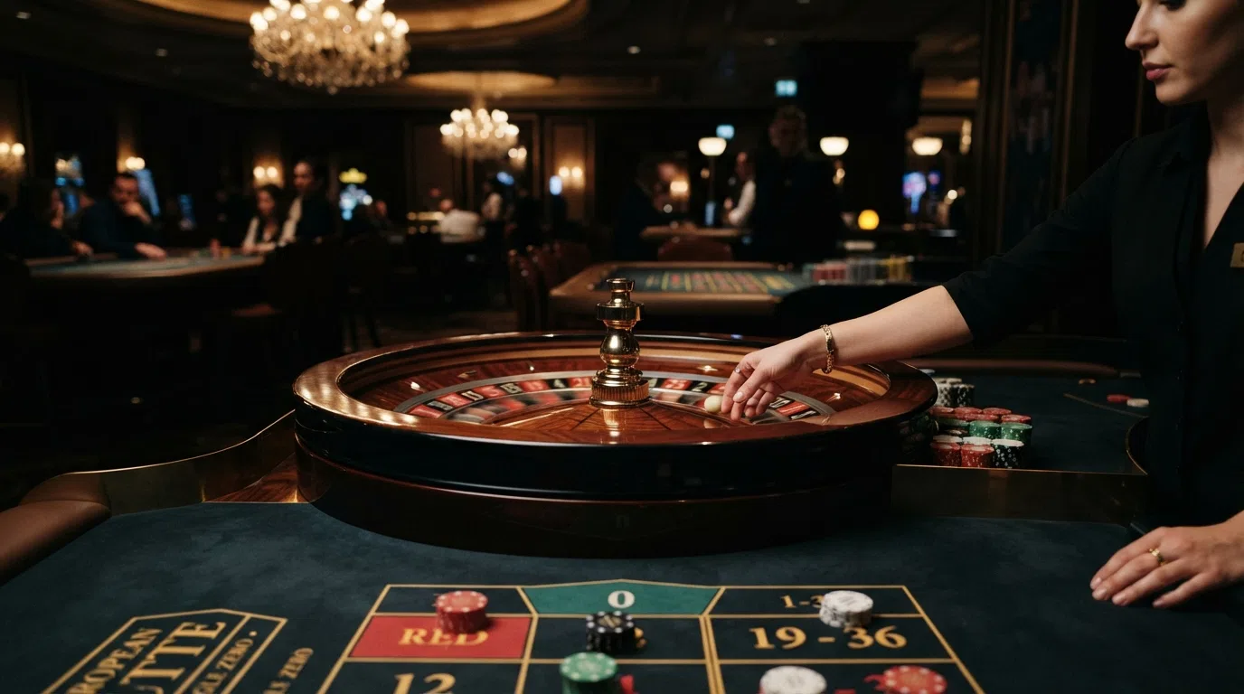 A European roulette wheel in play showing the single-zero layout with red and black numbered pockets and a dealer's hand placing the ball