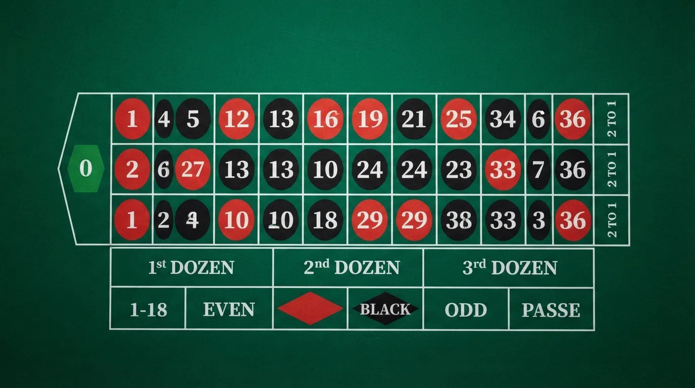 A European roulette table felt viewed from above, showing the full number grid from 0 to 36 with inside-bet boxes, and the outside-bet zones for red/black, odd/even, high/low, dozens and columns arranged around the grid