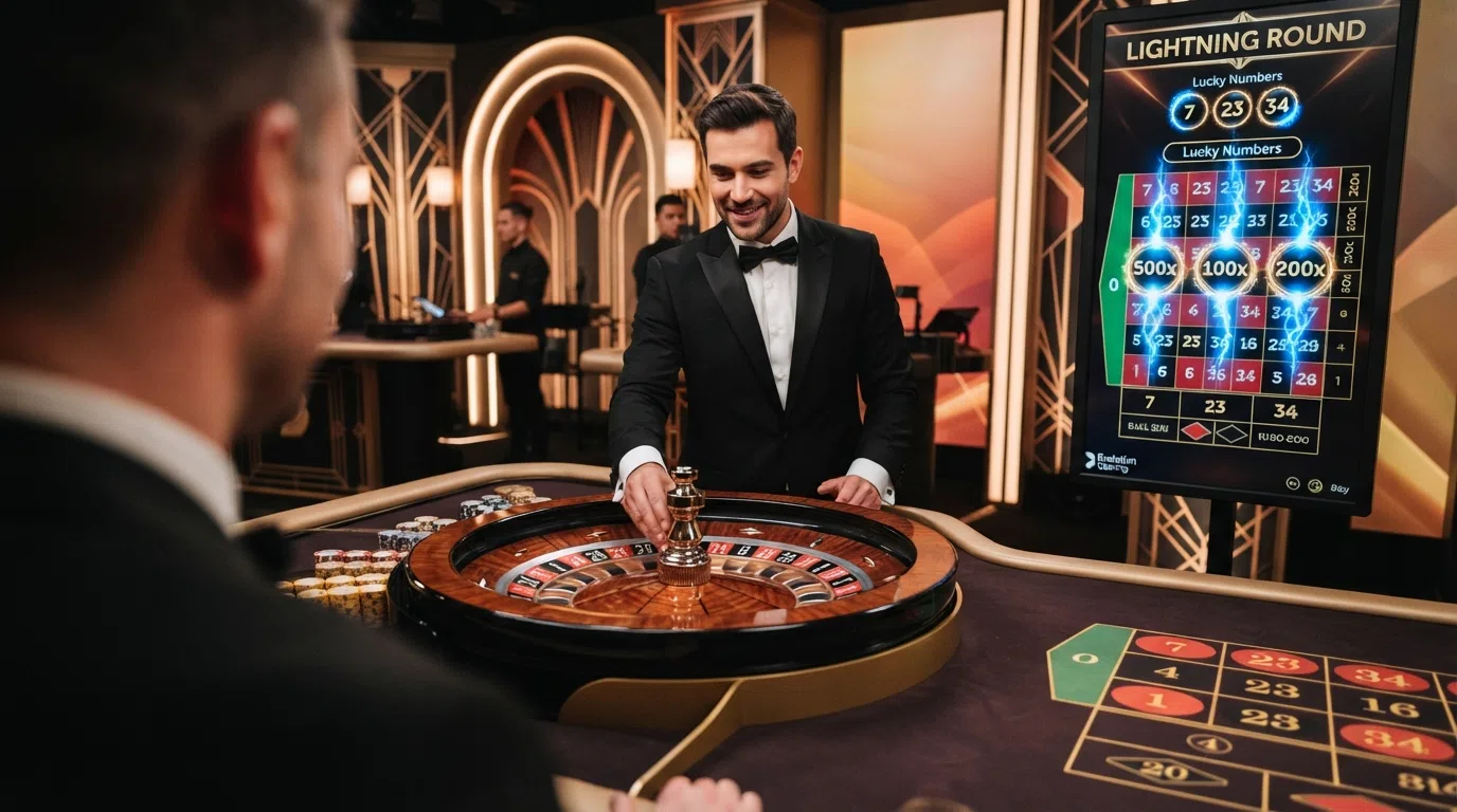 The Evolution Gaming art-deco live dealer studio with a professional host at the Lightning Roulette table, the physical European wheel in the foreground and the digital multiplier display visible on the broadcast screen