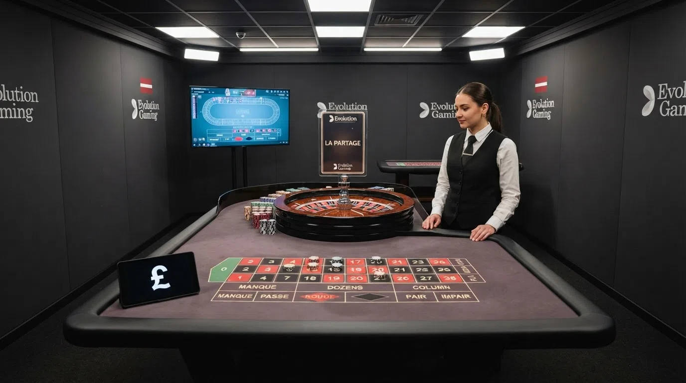 A wide shot of an Evolution Gaming live French roulette studio, showing the wheel, the betting interface on-screen and the croupier at the table