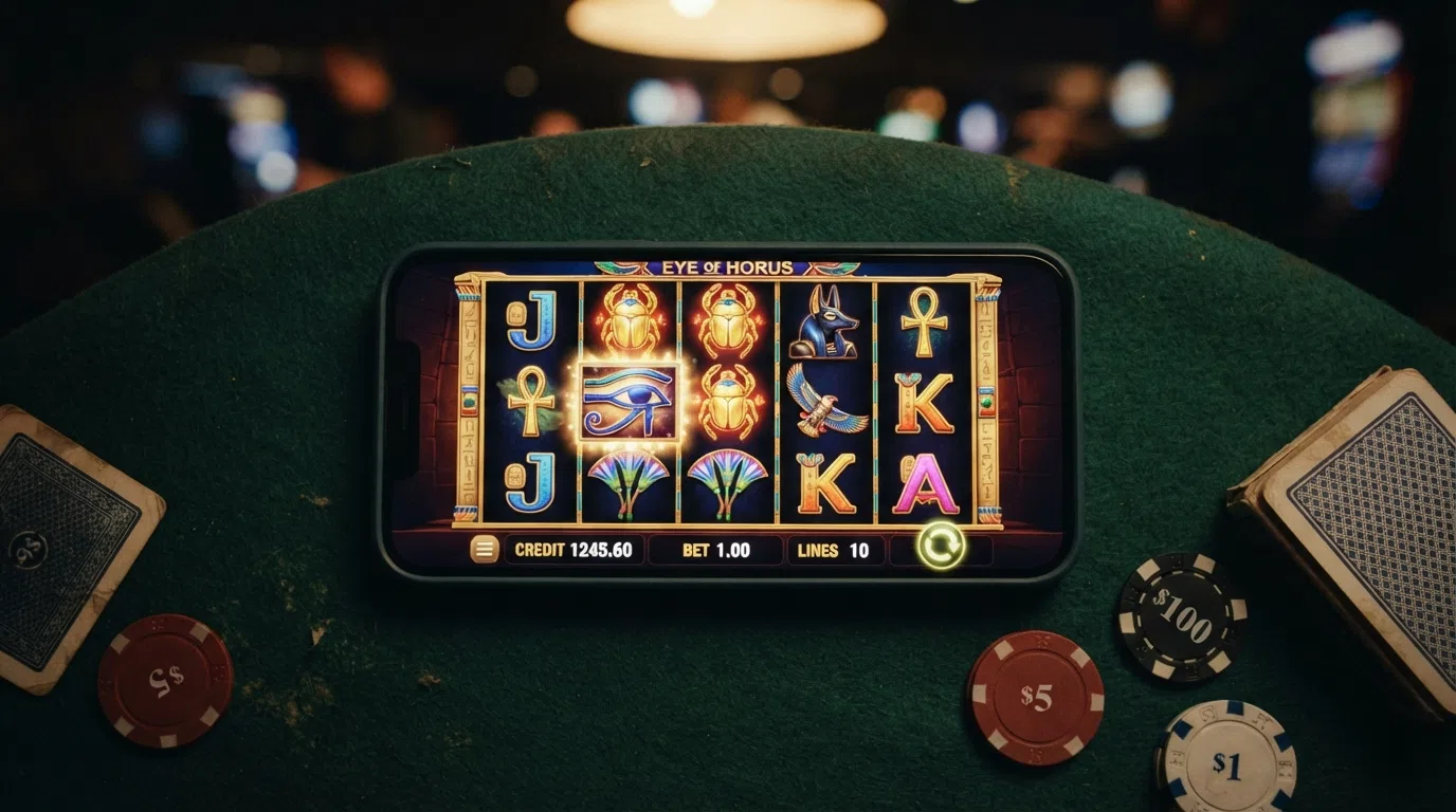 The Eye of Horus slot 5×3 reel grid during a spin, showing the Egyptian-themed symbols and payline highlights