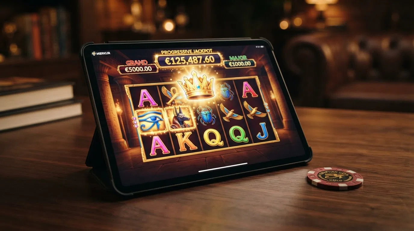 Eye of Horus Jackpot King slot game screen showing Egyptian-themed symbols on the reels, the Jackpot King crown overlay icon visible, and the progressive meter at the top of the frame