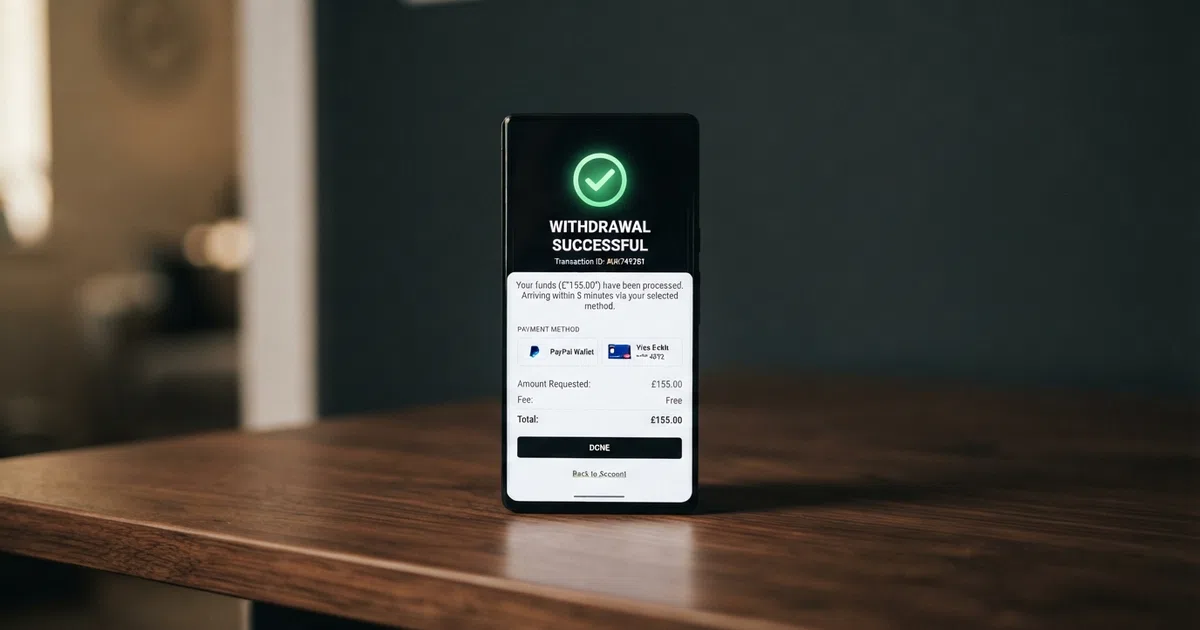 A smartphone screen displaying a UK online casino withdrawal screen with a PayPal and Visa Fast Funds logo, a confirmation checkmark and a time stamp showing a completed payout